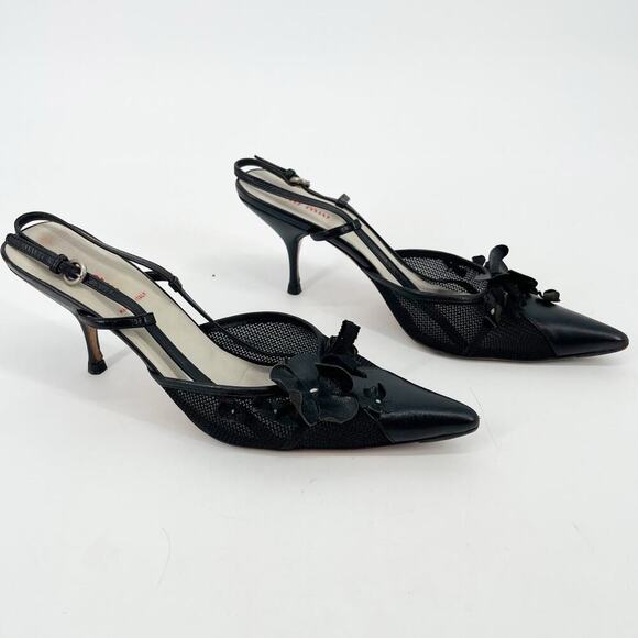 Miu Miu Vintage Retro Black Flower Bow Mesh Pointed Toe Slingback Heel IT 38 - Picture 2 of 13